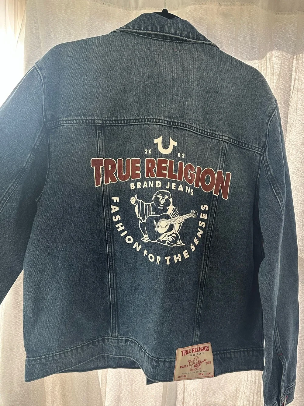 True Religion Men's Dark Blue Denim Jacket with Red Logo